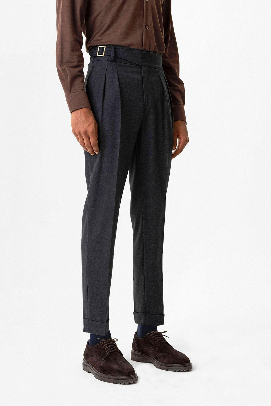 Navy Pleated Men's Trousers with Buckle Detail - Wessi