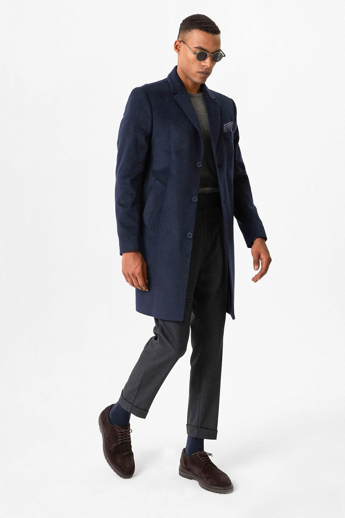 Navy Slim Fit Notch Lapel Men's Coat - Wessi