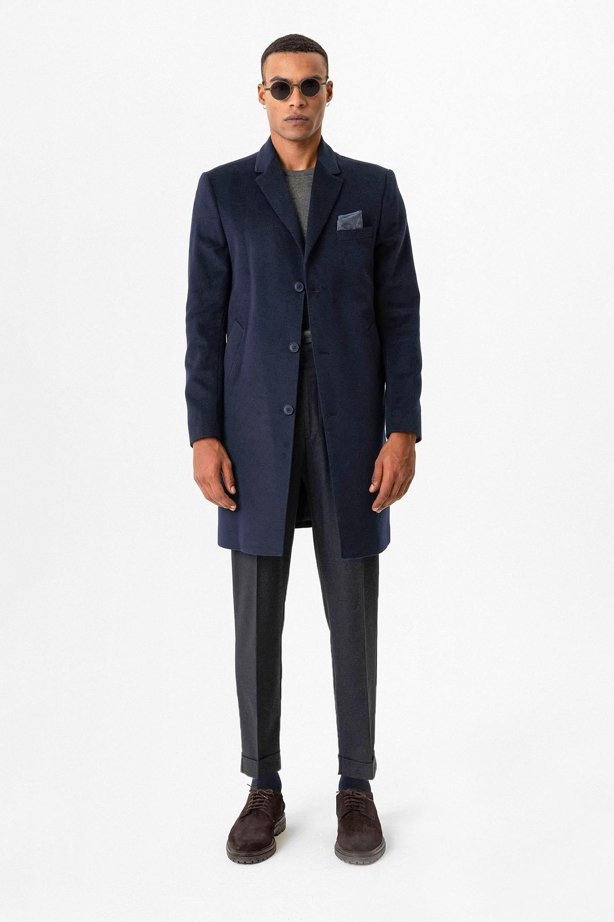 Navy Slim Fit Notch Lapel Men's Coat - Wessi