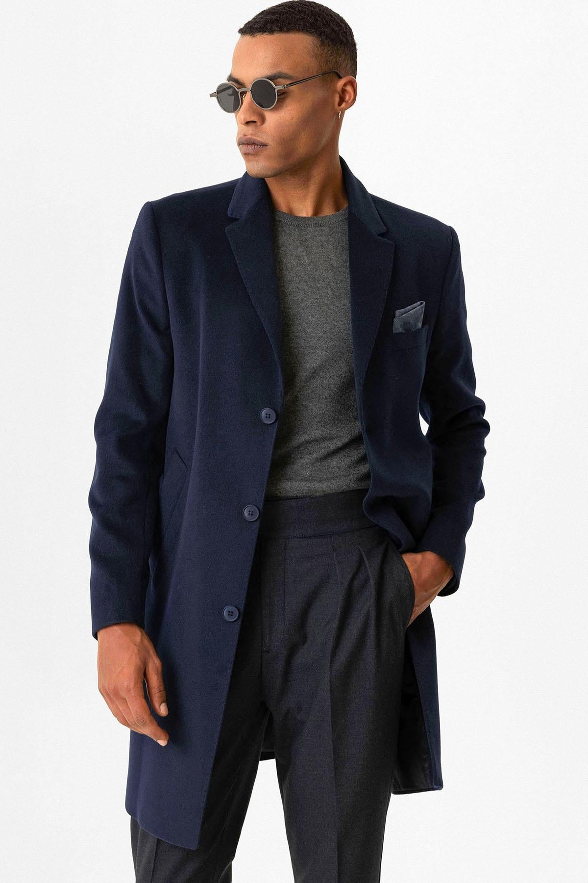 Navy Slim Fit Notch Lapel Men's Coat - Wessi