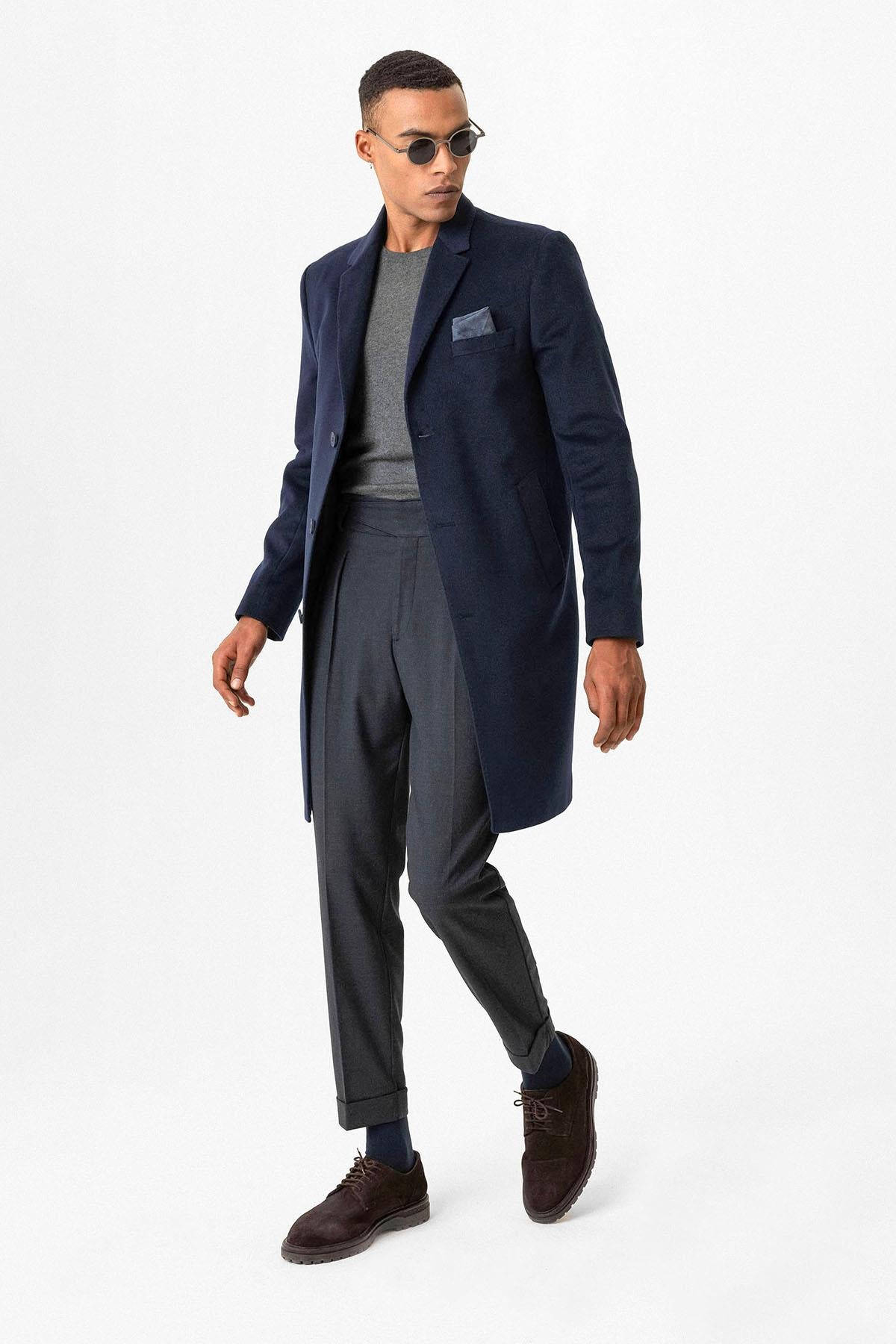Navy Slim Fit Notch Lapel Men's Coat - Wessi