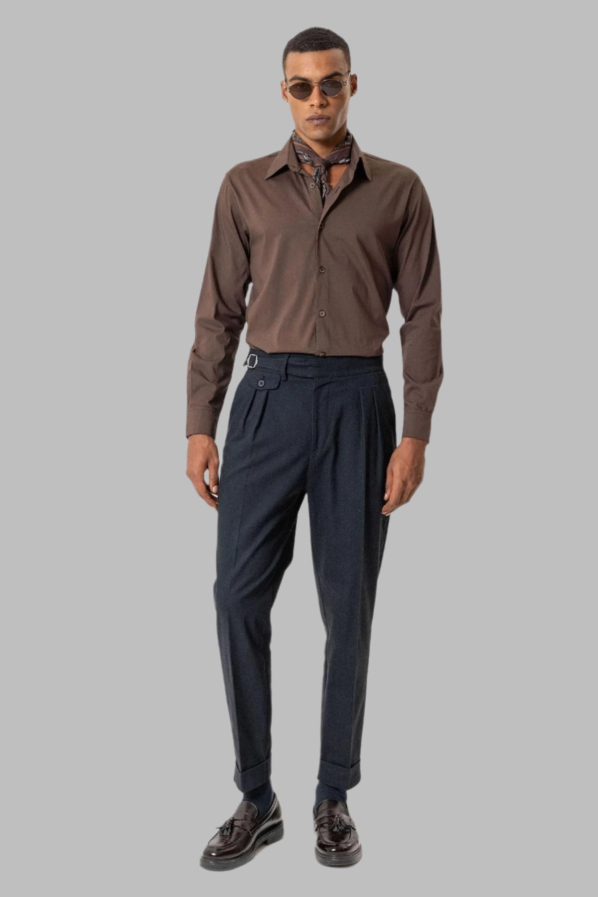 Navy High-Waisted Men's Trousers with Buckle Detail - Wessi