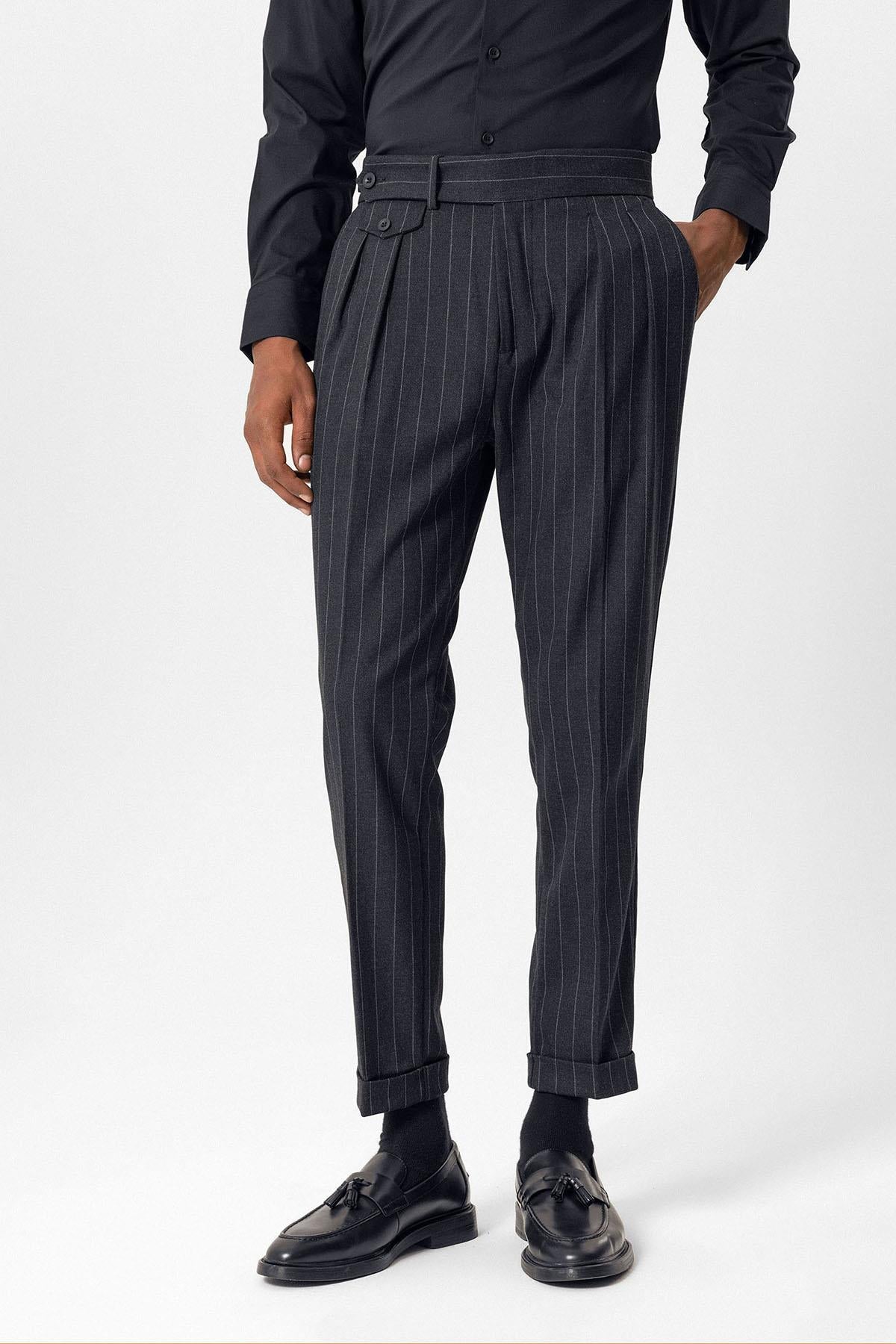 Navy High-Waisted Pleated Striped Men's Trousers - Wessi