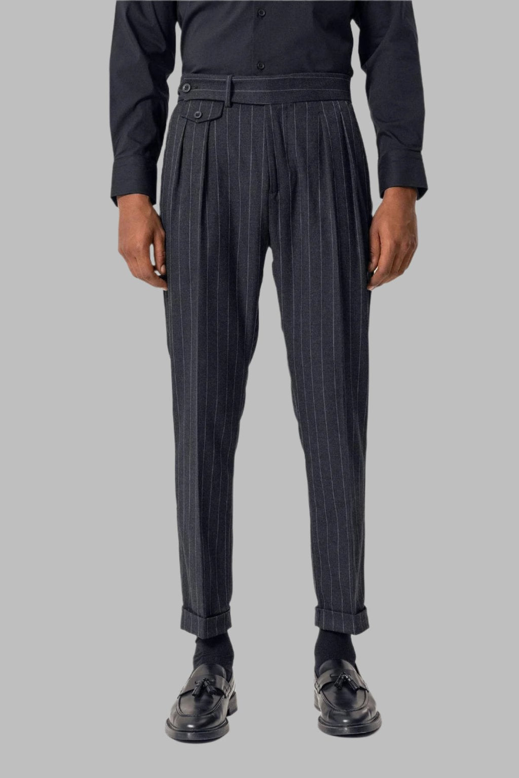 Navy High-Waisted Pleated Striped Men's Trousers - Wessi
