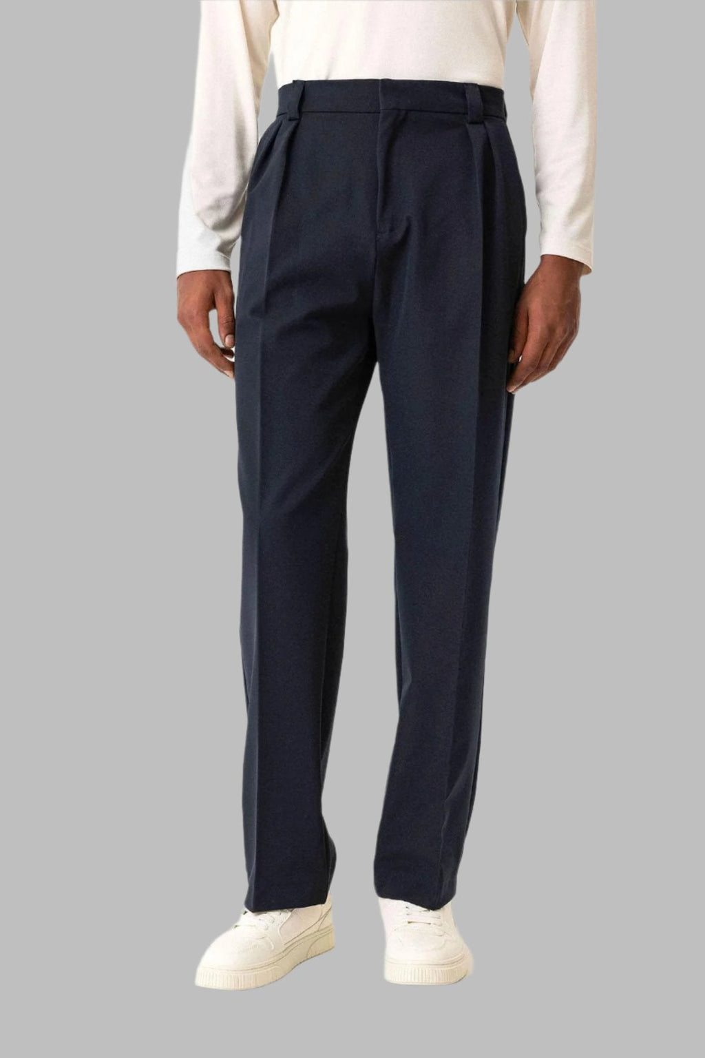 Navy Blue High Waist Pleated Relaxed Fit Baggy Men's Pants - Wessi