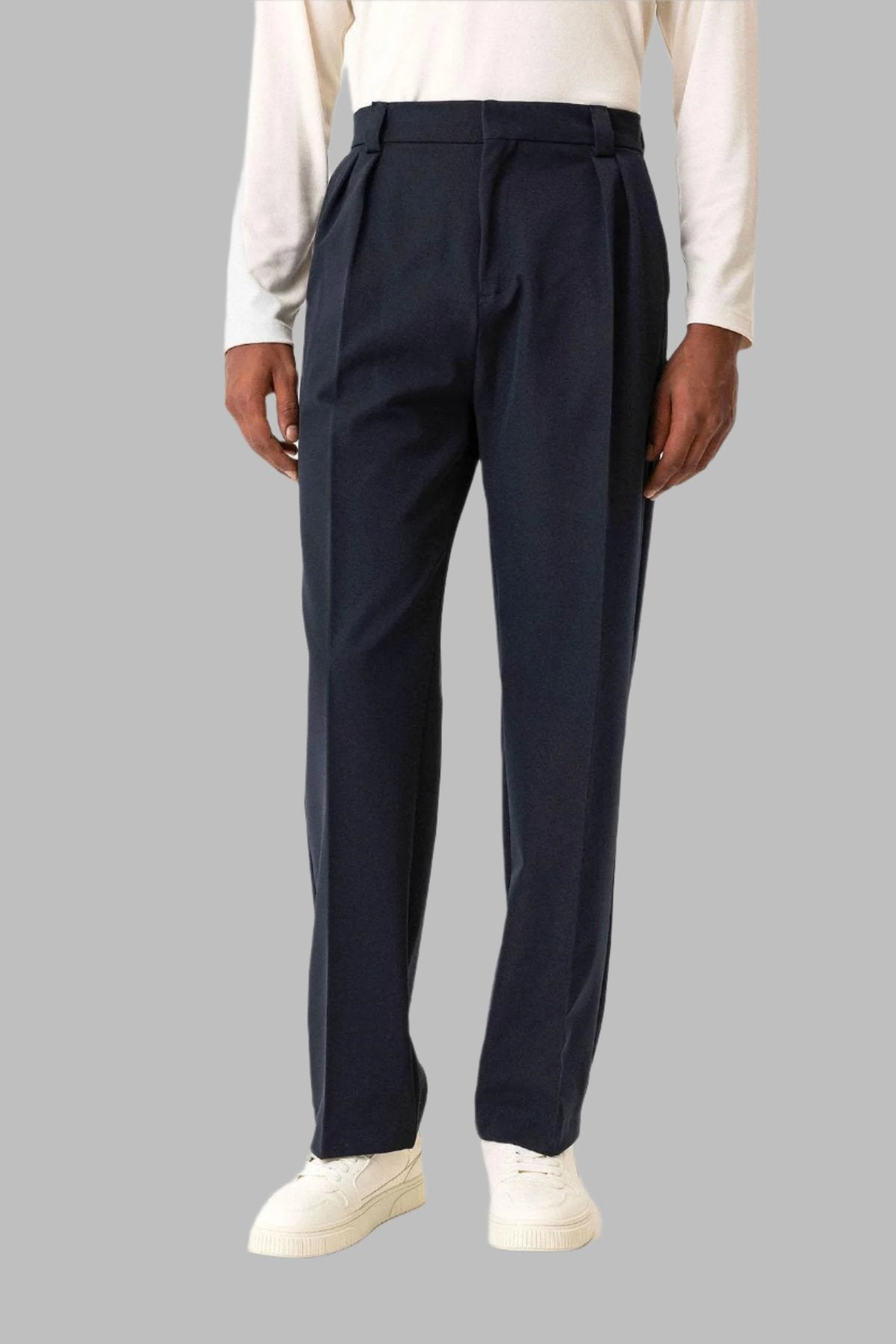 Navy Blue High Waist Pleated Relaxed Fit Baggy Men's Pants - Wessi