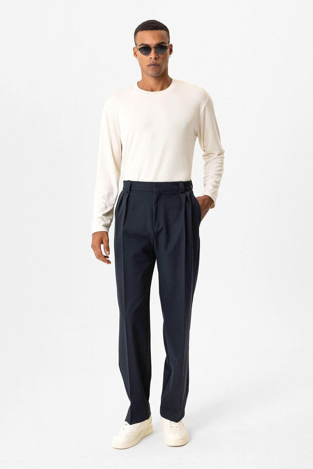 Navy Blue High Waist Pleated Relaxed Fit Baggy Men's Pants - Wessi