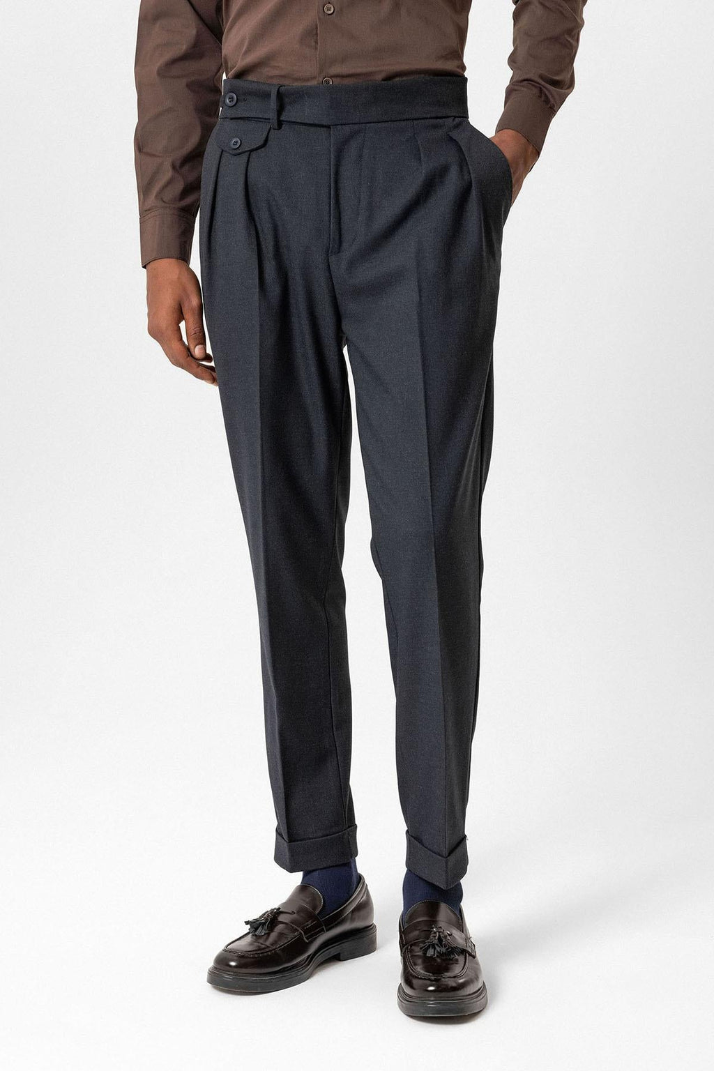 Navy High-Waisted Pleated Technical Men's Trousers - Wessi
