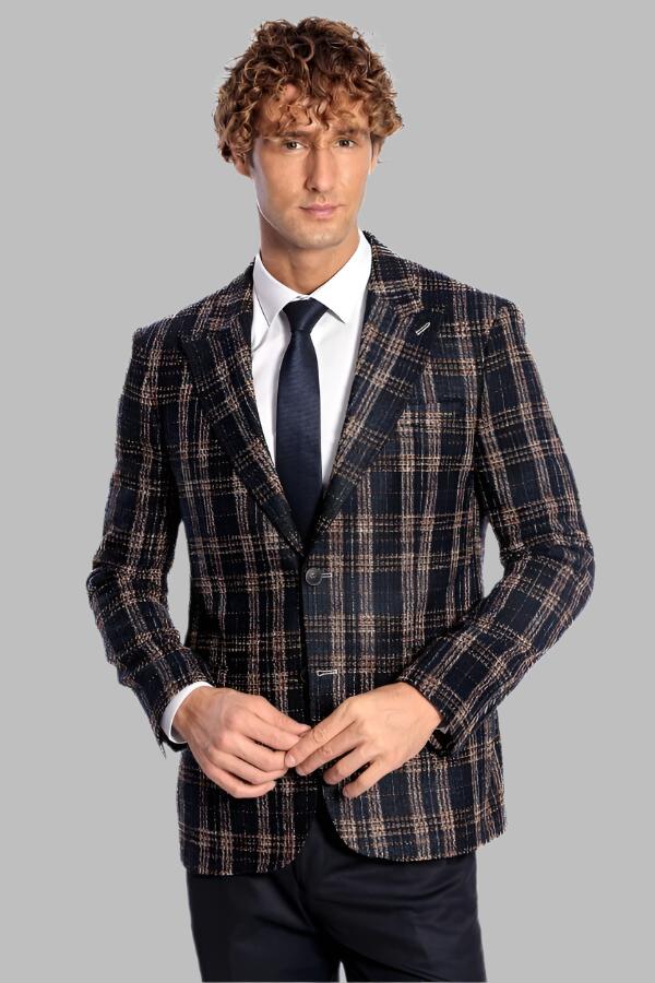 Navy Blue Plaid Jacket, Beige Vest, White Shirt, and Navy Blue Trousers Combo - Wessi Modern Classic Look