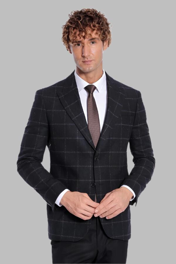 Black Checkered Blazer, Black Shirt, Gray Trousers, and Textured Tie Combination - Prestigious Men's Fashion - Wessi
