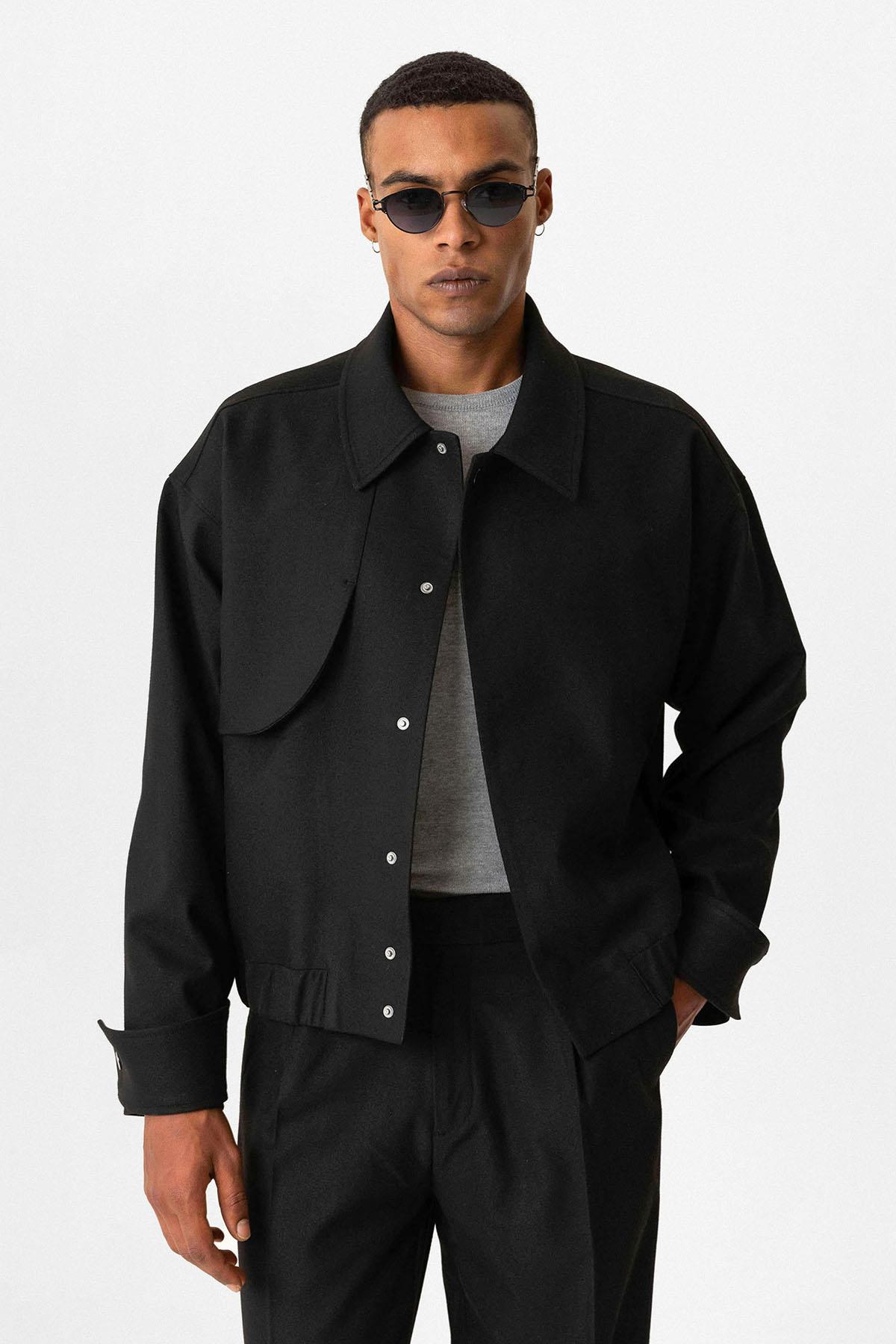 Black Crop Fit Men's Jacket with Pockets - Wessi