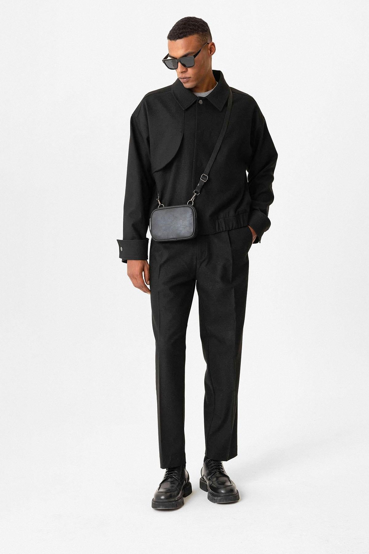 Black Crop Fit Men's Jacket with Pockets - Wessi