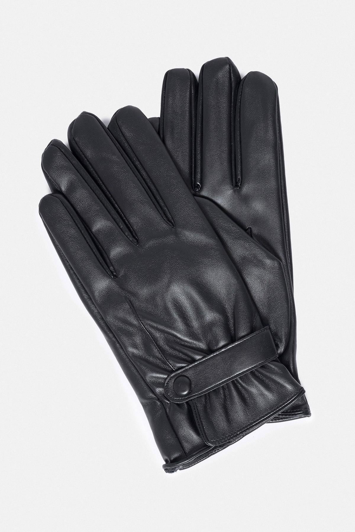 Black Faux Leather Men's Gloves with Fleece Lining - Wessi