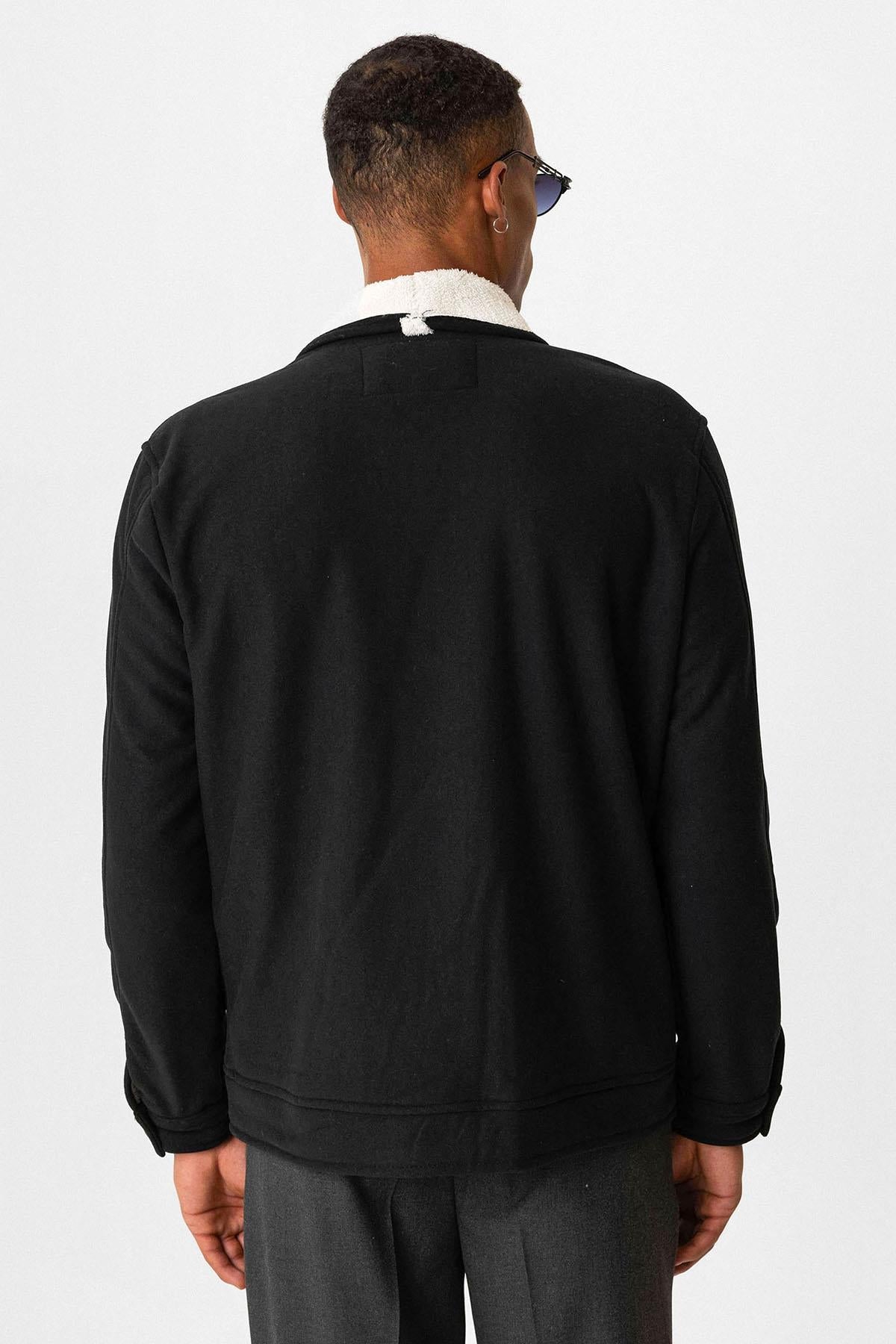 Black Contrast Collar Men's Jacket with Lining Detail - Wessi