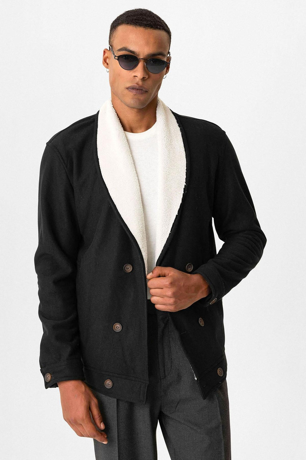 Black Contrast Collar Men's Jacket with Lining Detail - Wessi