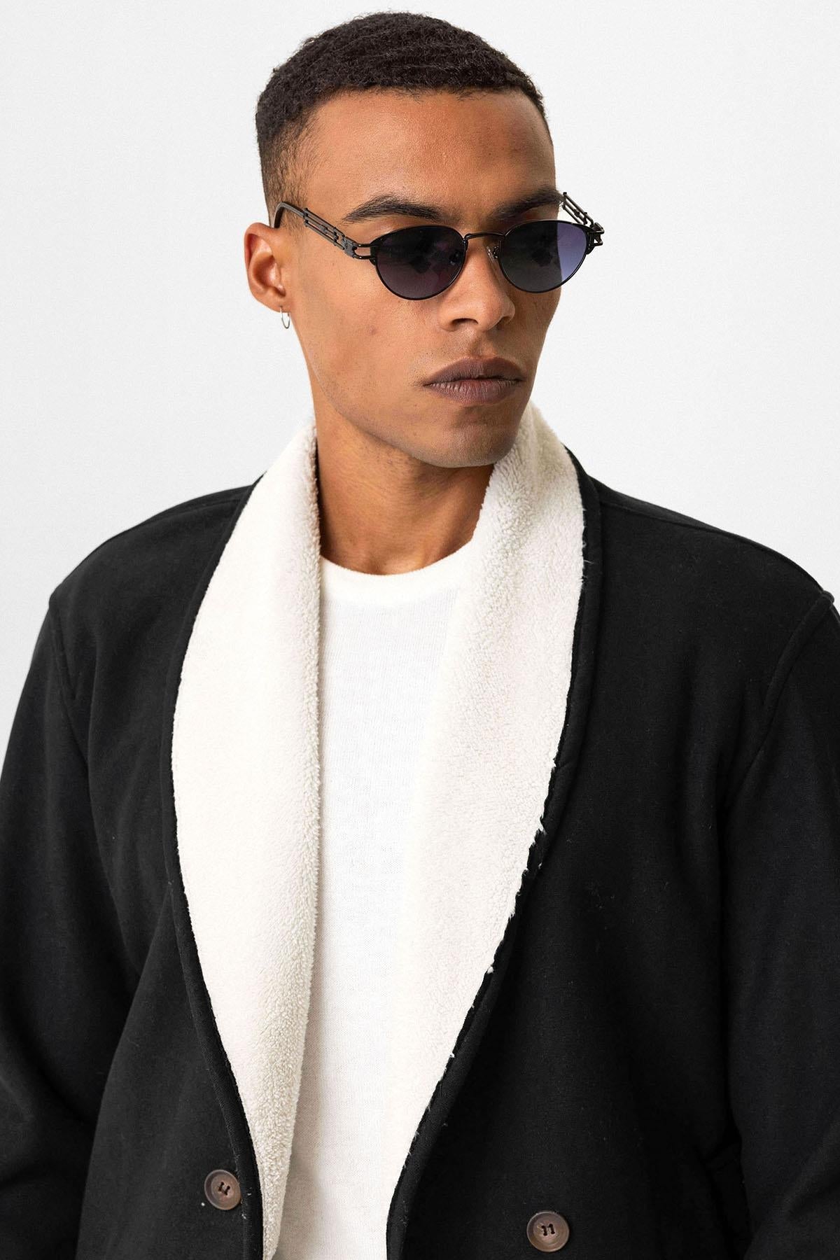 Black Contrast Collar Men's Jacket with Lining Detail - Wessi