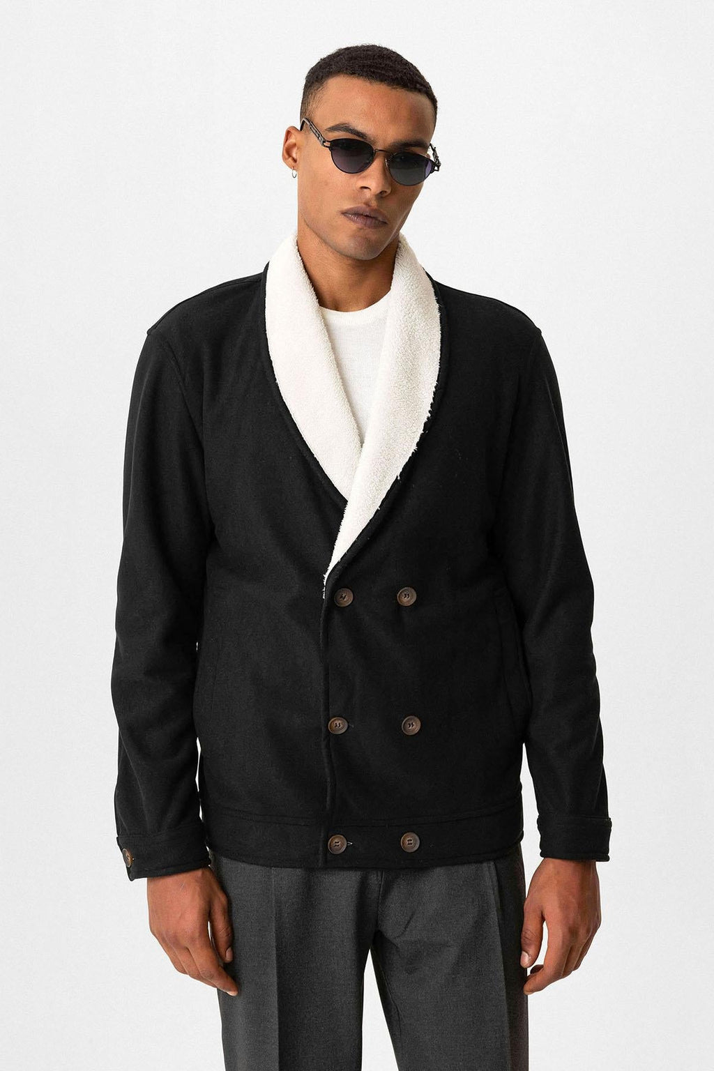 Black Contrast Collar Men's Jacket with Lining Detail - Wessi