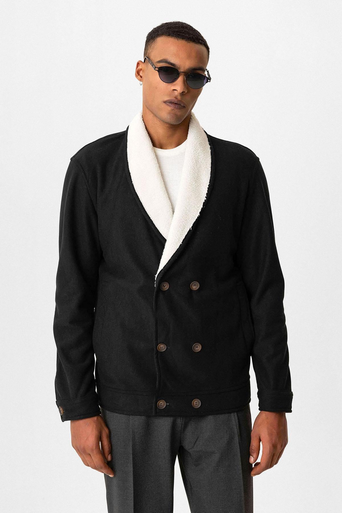 Black Contrast Collar Men's Jacket with Lining Detail - Wessi
