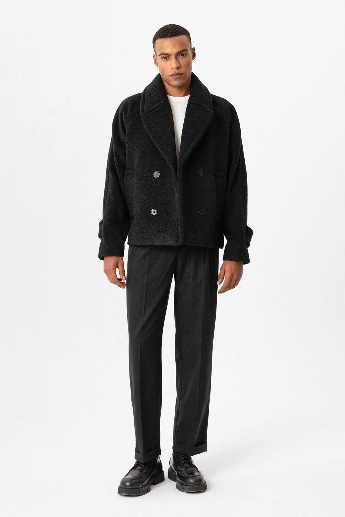 Black Double-Breasted Crop Fit Men's Jacket - Wessi