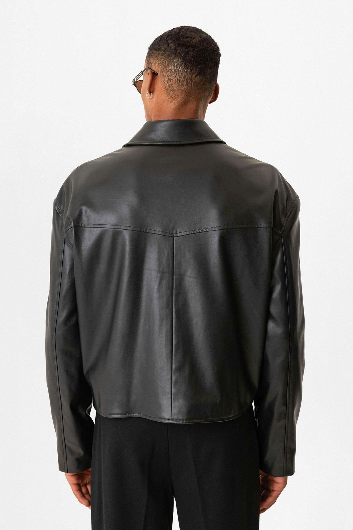 Black Faux Leather Crop Fit Men's Jacket - Wessi