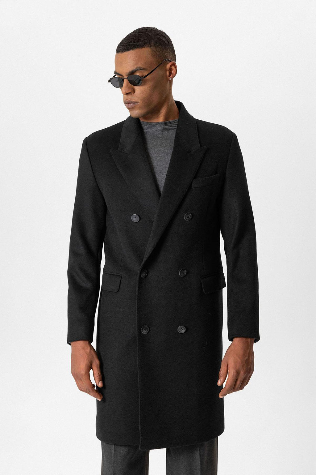 Black Wool-Blend Double-Breasted Men's Coat - Wessi