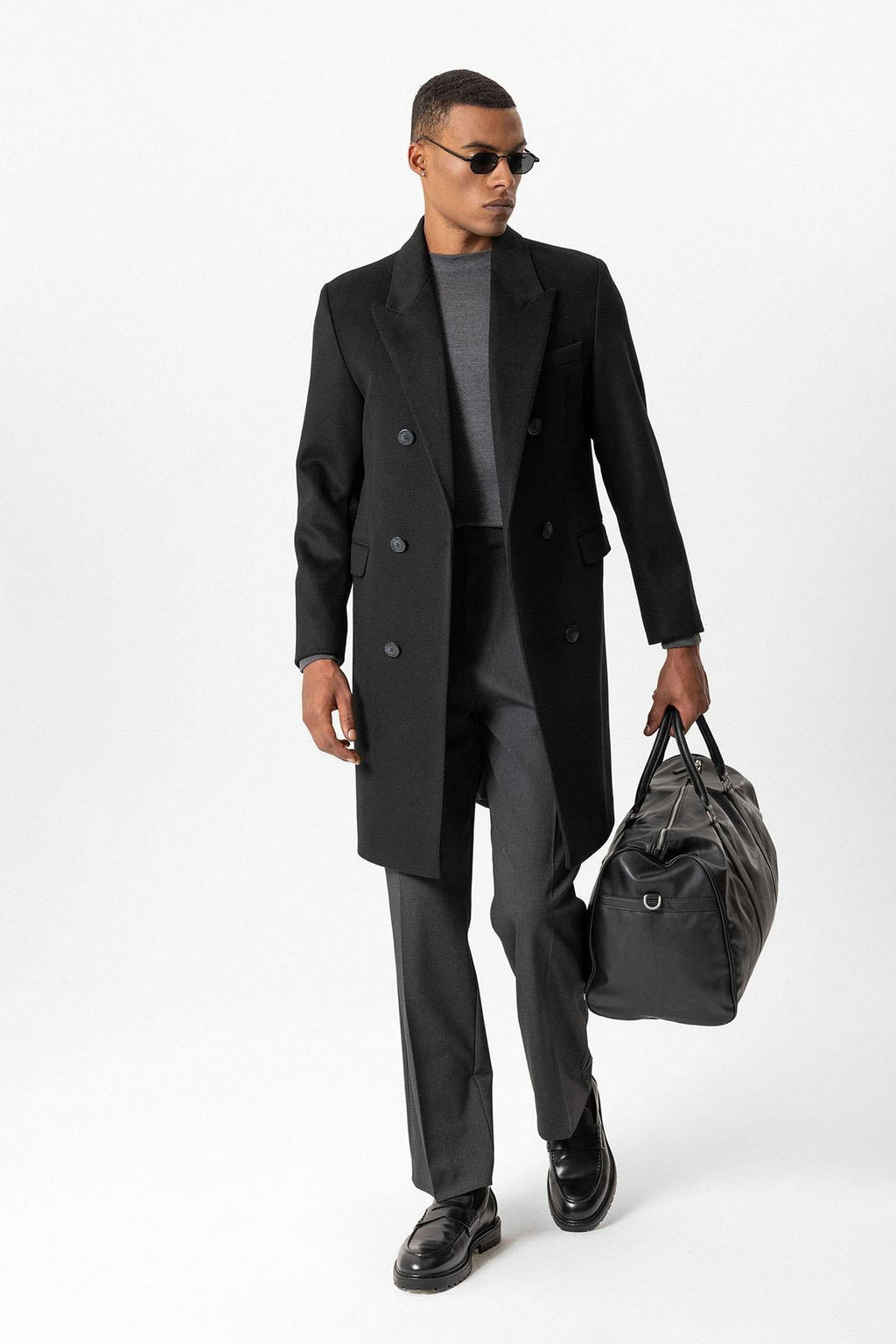 Black Wool-Blend Double-Breasted Men's Coat - Wessi