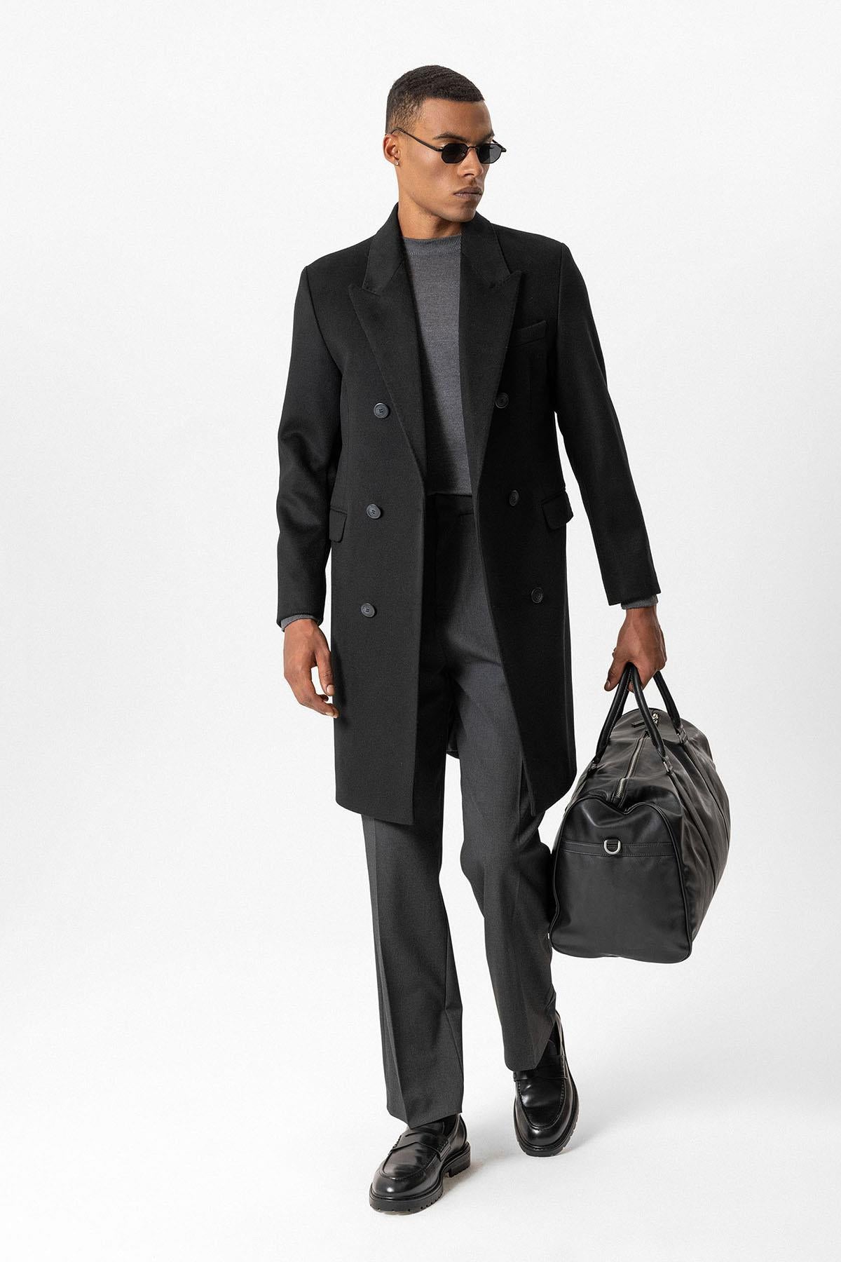 Black Wool-Blend Double-Breasted Men's Coat - Wessi