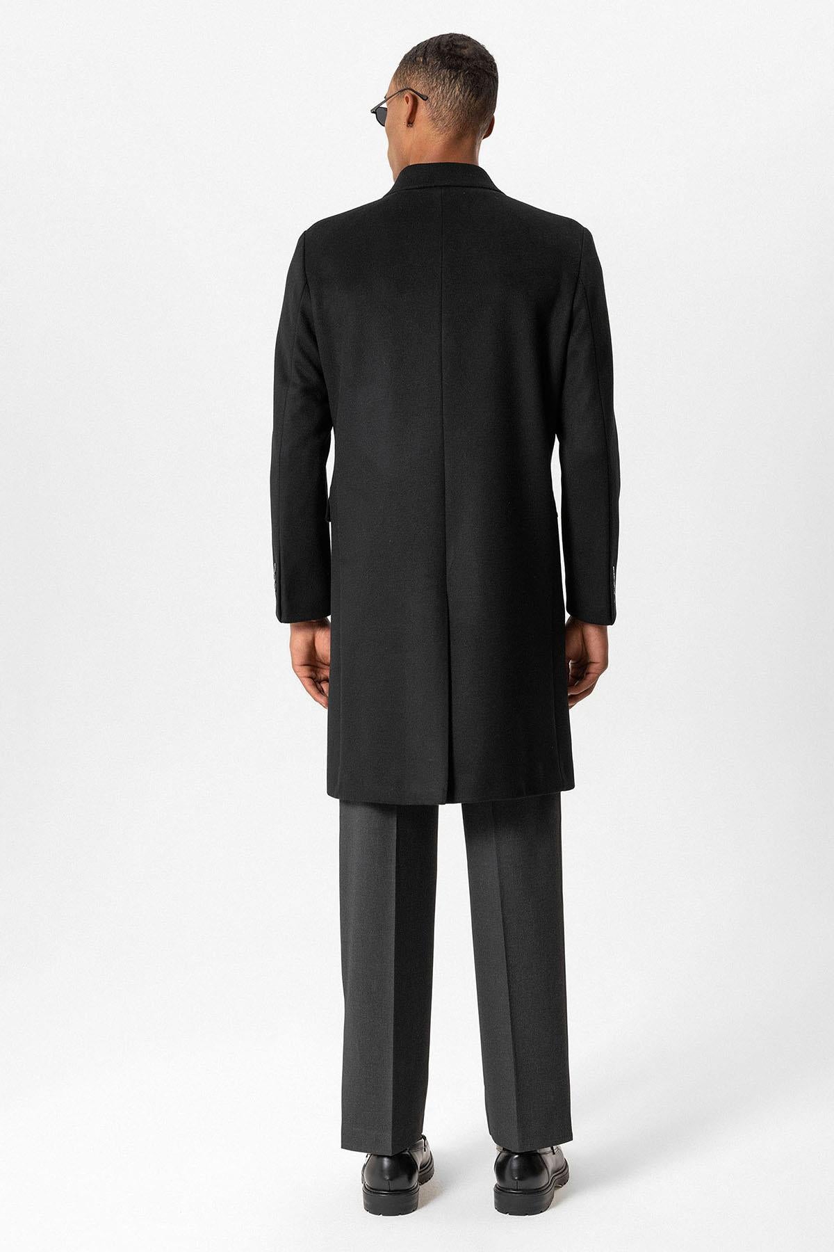 Black Wool-Blend Double-Breasted Men's Coat - Wessi