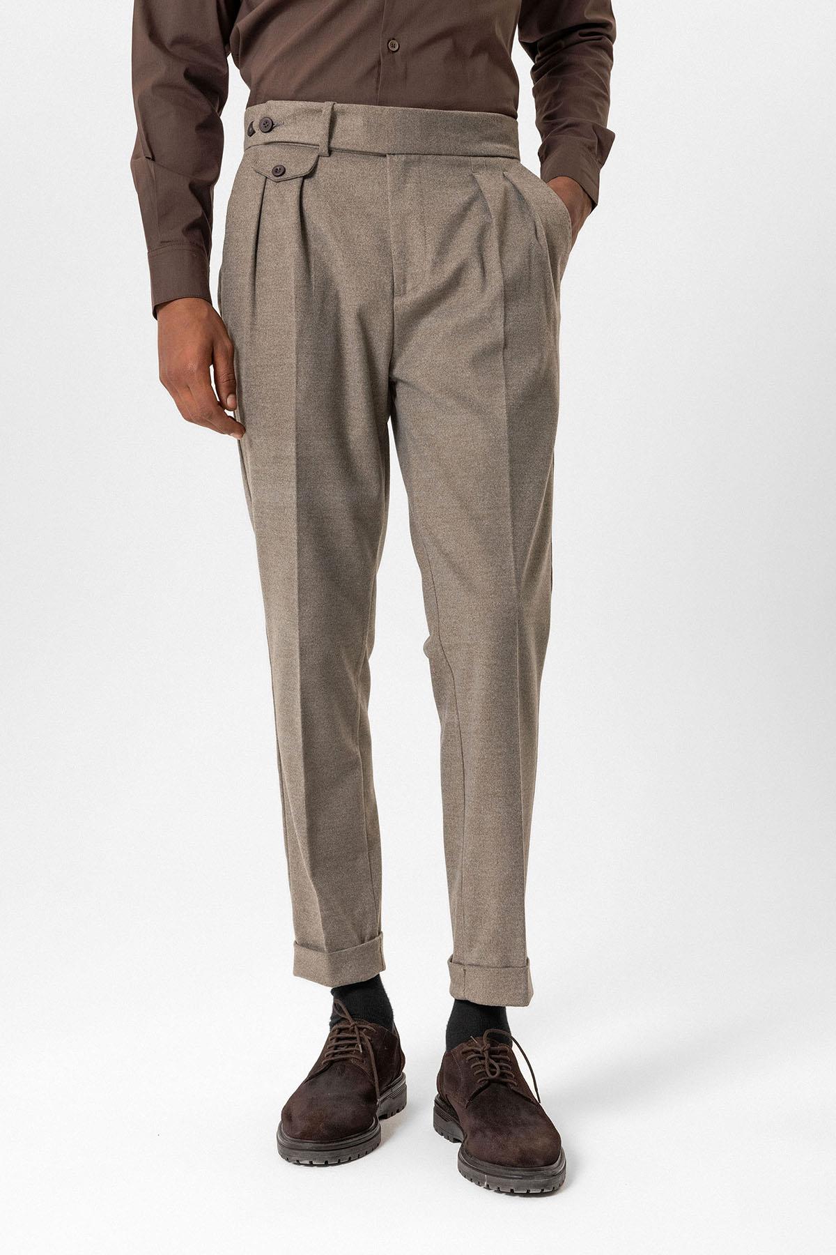 Light Brown High-Waisted Pleated Technical Men's Trousers - Wessi