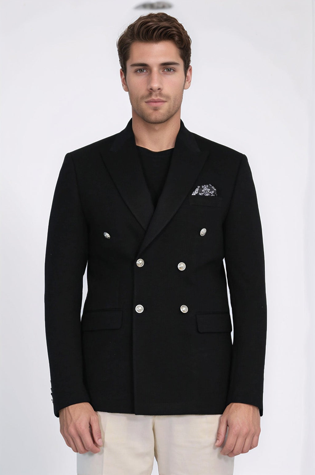 Black Solid Slim Fit Double-Breasted Blazer with Silver Metal Buttons – Wessi