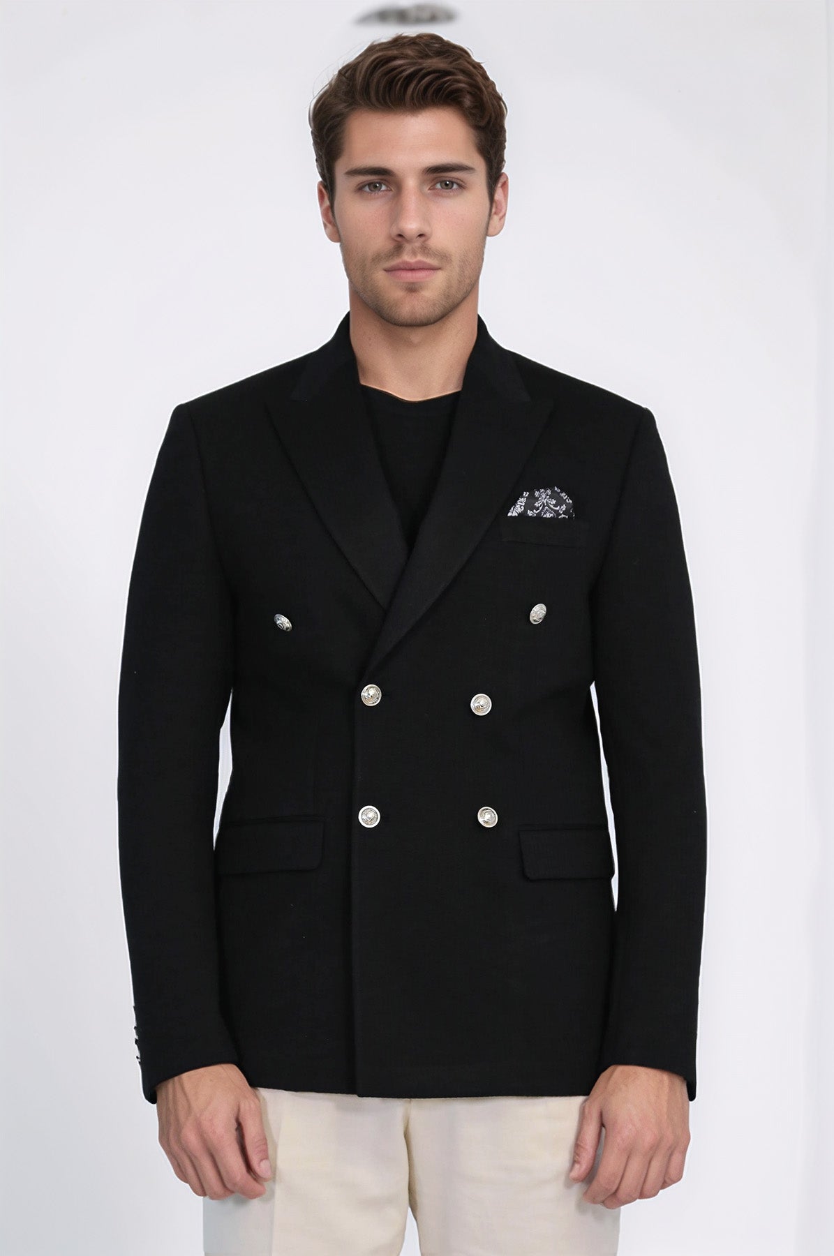 Black Solid Slim Fit Double-Breasted Blazer with Silver Metal Buttons – Wessi