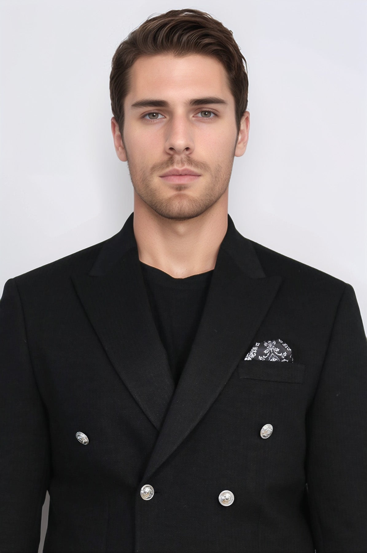 Black Solid Slim Fit Double-Breasted Blazer with Silver Metal Buttons – Wessi