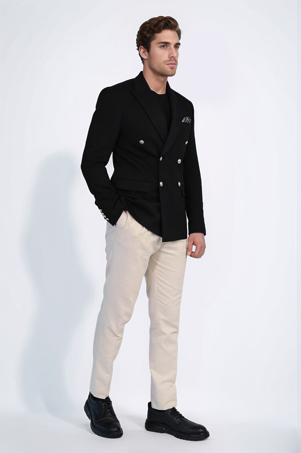 Black Solid Slim Fit Double-Breasted Blazer with Silver Metal Buttons – Wessi