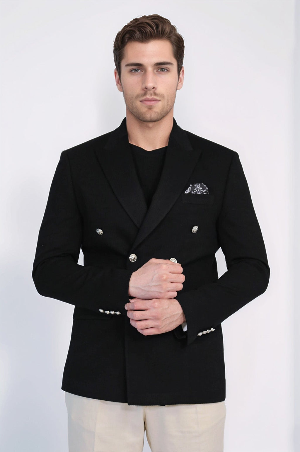 Black Solid Slim Fit Double-Breasted Blazer with Silver Metal Buttons – Wessi