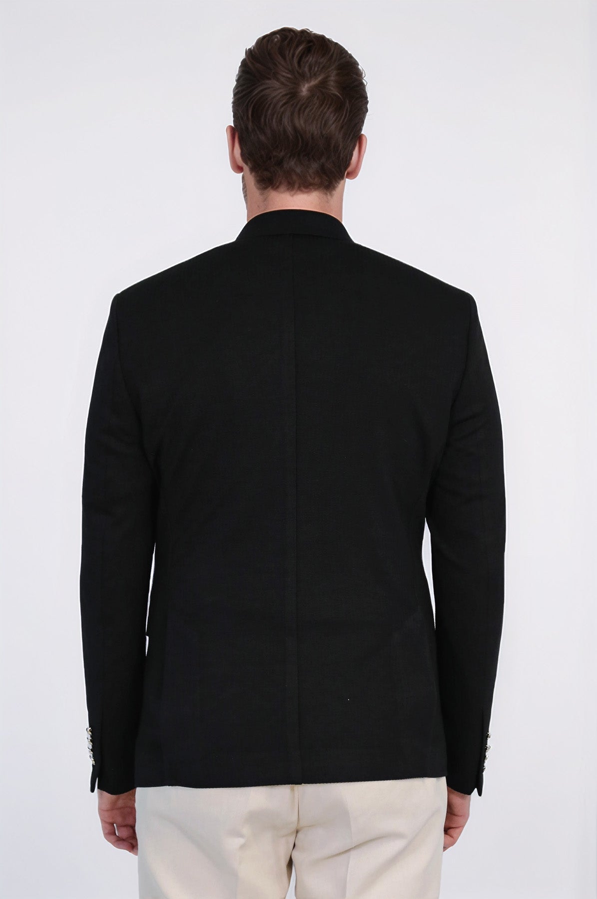 Black Solid Slim Fit Double-Breasted Blazer with Silver Metal Buttons – Wessi