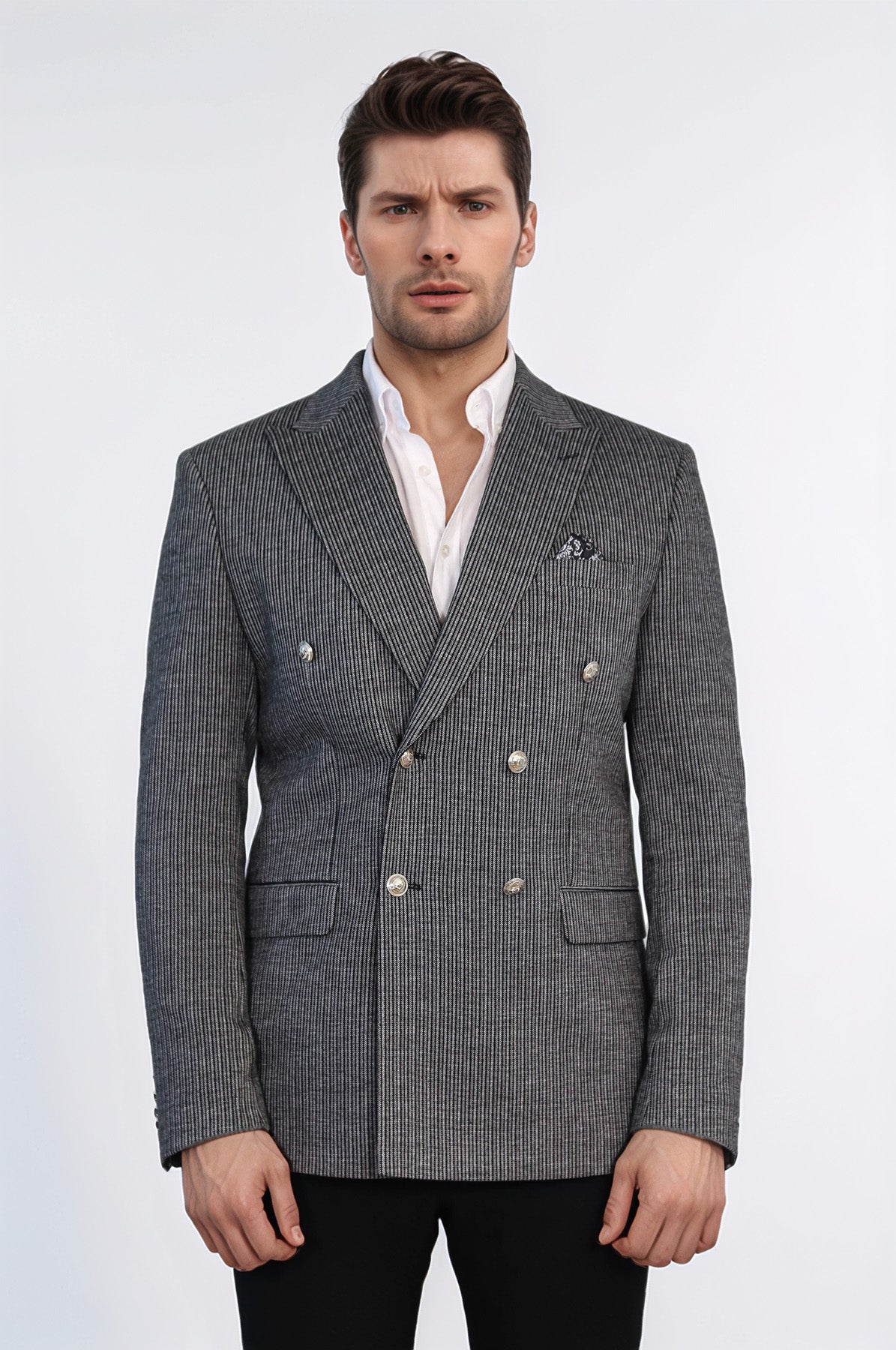 Black Pinstriped Slim Fit Double-Breasted Blazer with Silver Metal Buttons – Wessi