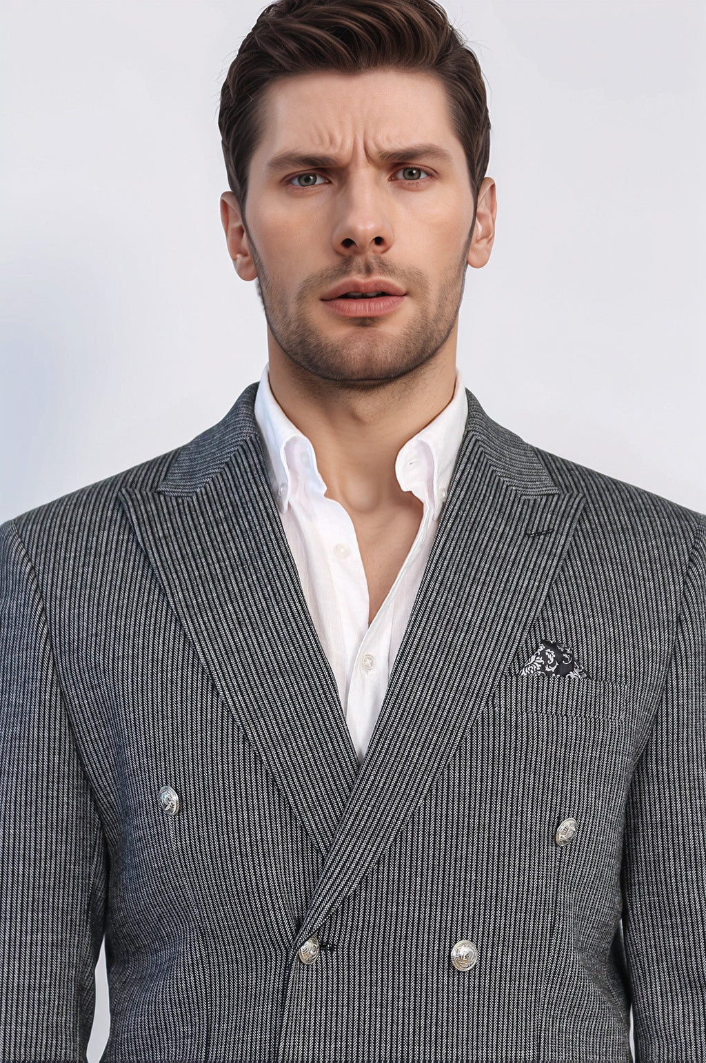Black Pinstriped Slim Fit Double-Breasted Blazer with Silver Metal Buttons – Wessi