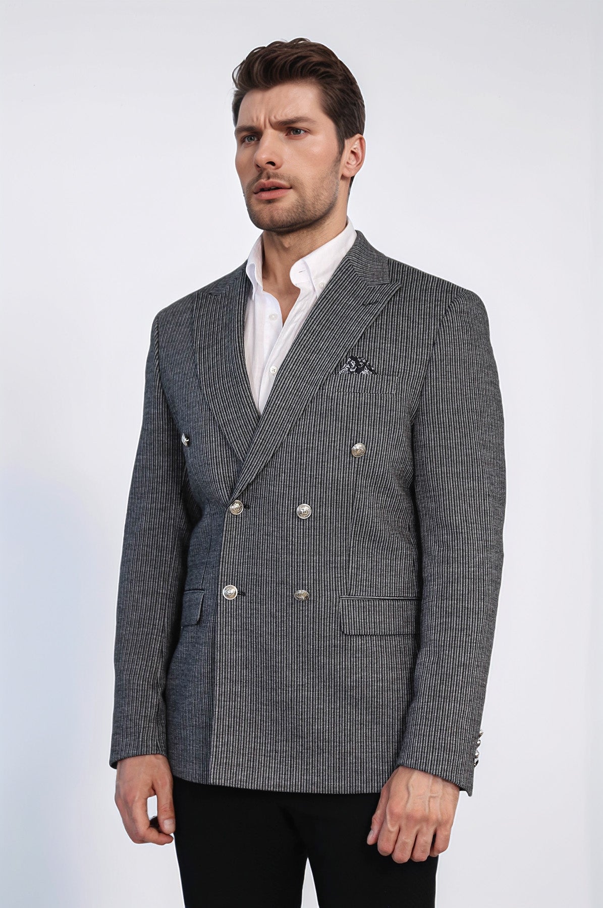 Black Pinstriped Slim Fit Double-Breasted Blazer with Silver Metal Buttons – Wessi