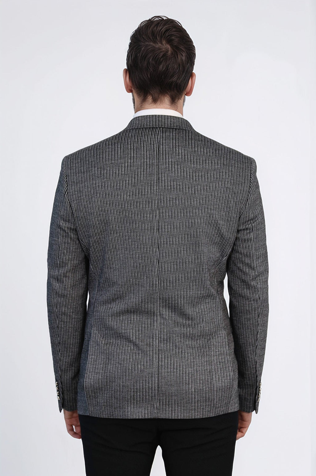 Black Pinstriped Slim Fit Double-Breasted Blazer with Silver Metal Buttons – Wessi