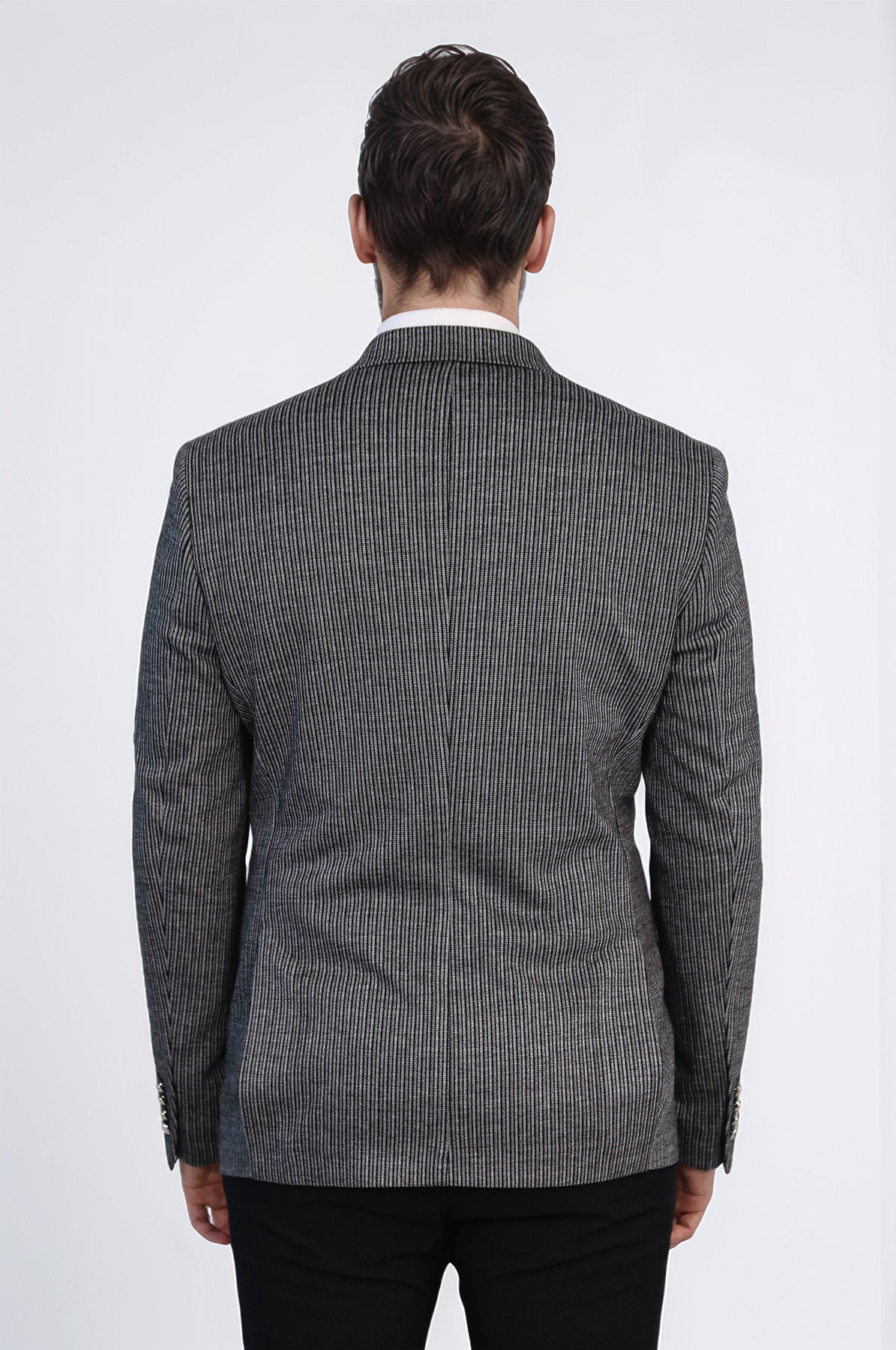 Black Pinstriped Slim Fit Double-Breasted Blazer with Silver Metal Buttons – Wessi