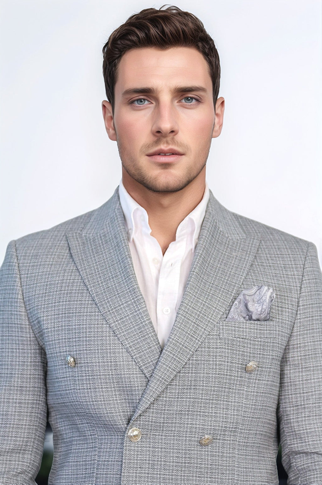 Black Micro-Check Slim Fit Double-Breasted Blazer with Silver Metal Buttons – Wessi