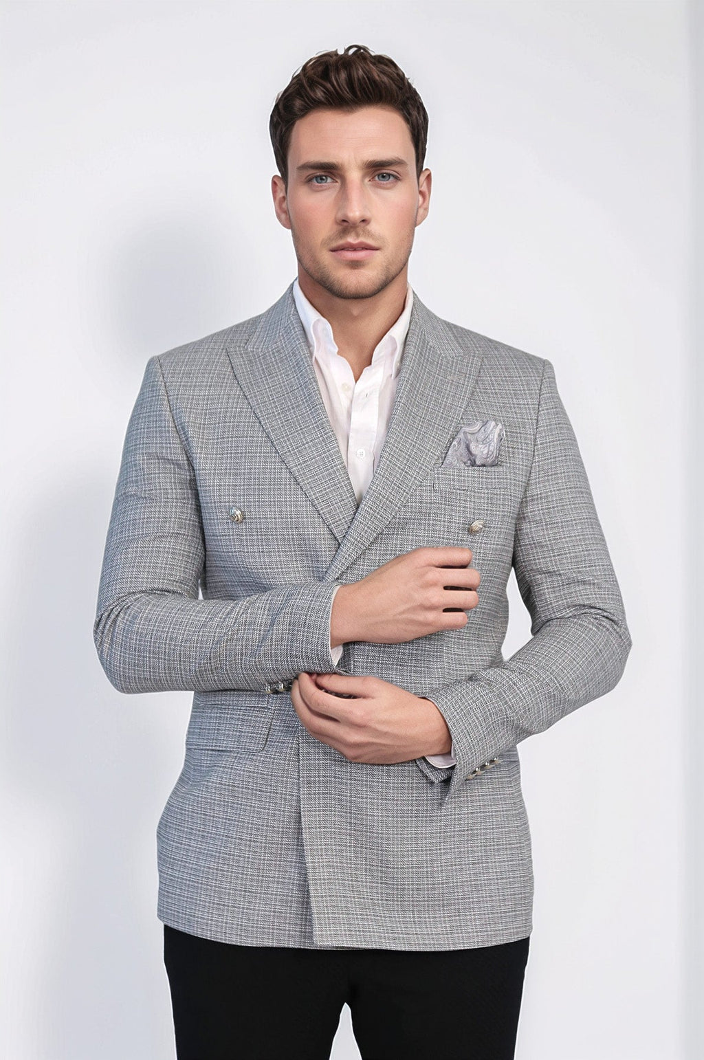 Black Micro-Check Slim Fit Double-Breasted Blazer with Silver Metal Buttons – Wessi