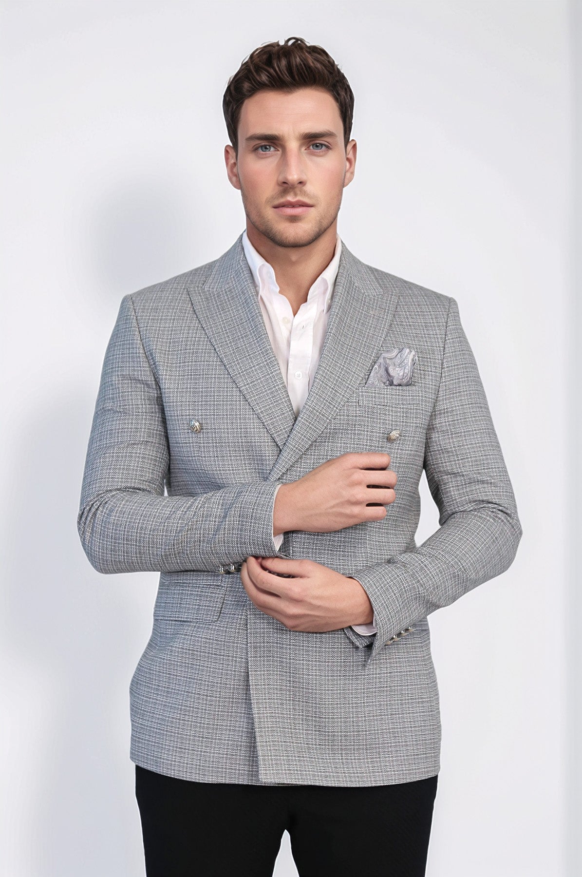 Black Micro-Check Slim Fit Double-Breasted Blazer with Silver Metal Buttons – Wessi