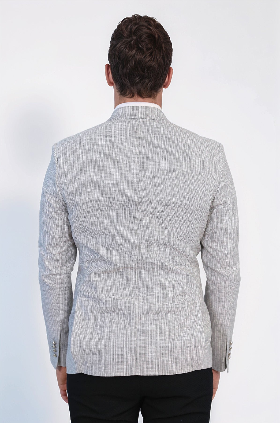 Gray Micro-Check Slim Fit Double-Breasted Blazer with Silver Metal Buttons – Wessi