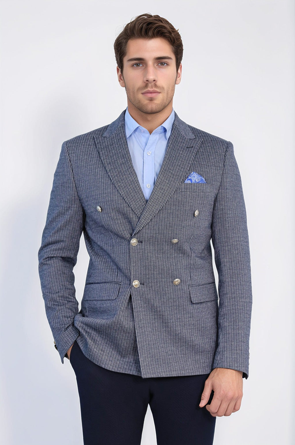 Navy Pinstriped Slim Fit Double-Breasted Blazer with Silver Metal Buttons – Wessi