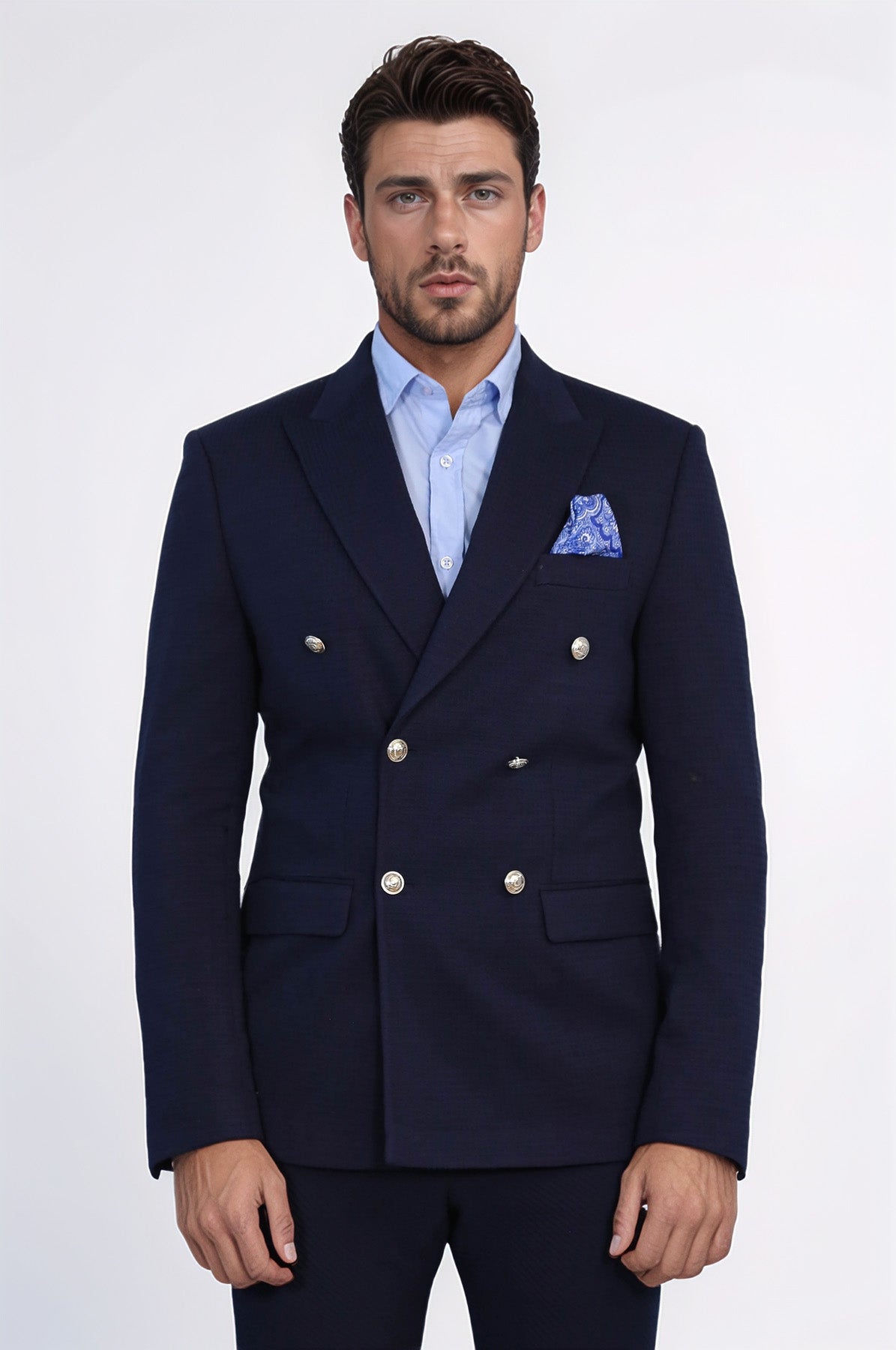 Navy Blue Solid Slim Fit Double-Breasted Blazer with Silver Metal Buttons – Wessi