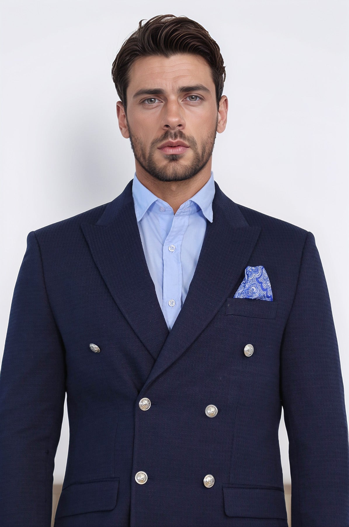 Navy Blue Solid Slim Fit Double-Breasted Blazer with Silver Metal Buttons – Wessi