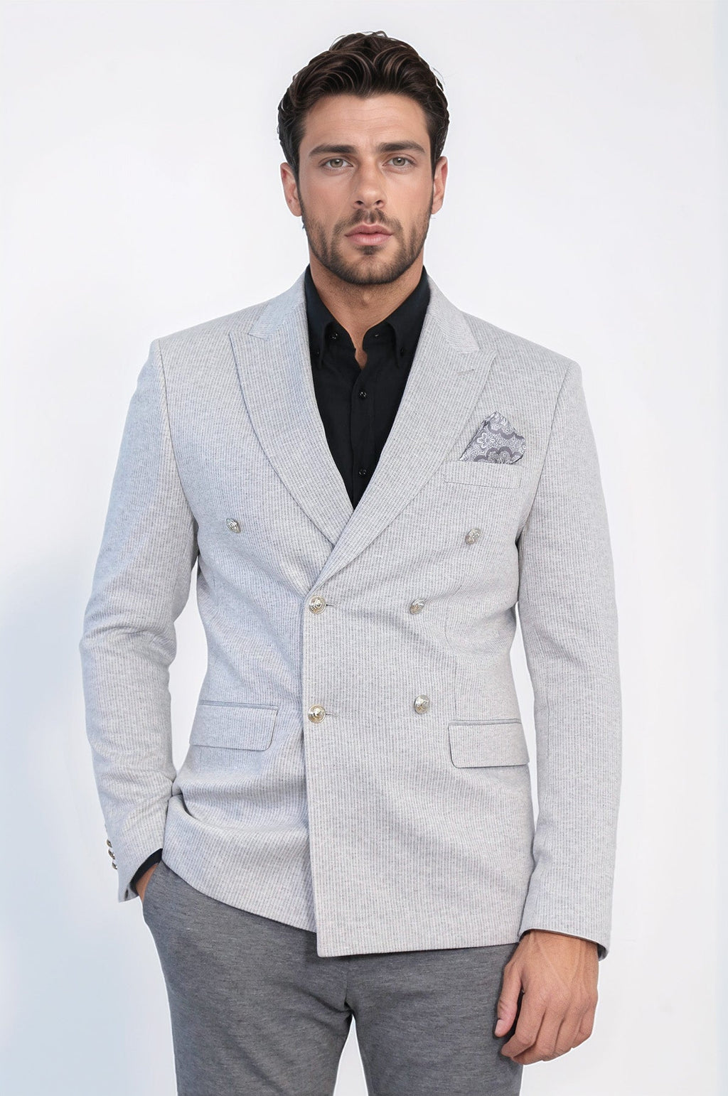 Gray Pinstriped Slim Fit Double-Breasted Blazer with Silver Metal Buttons – Wessi