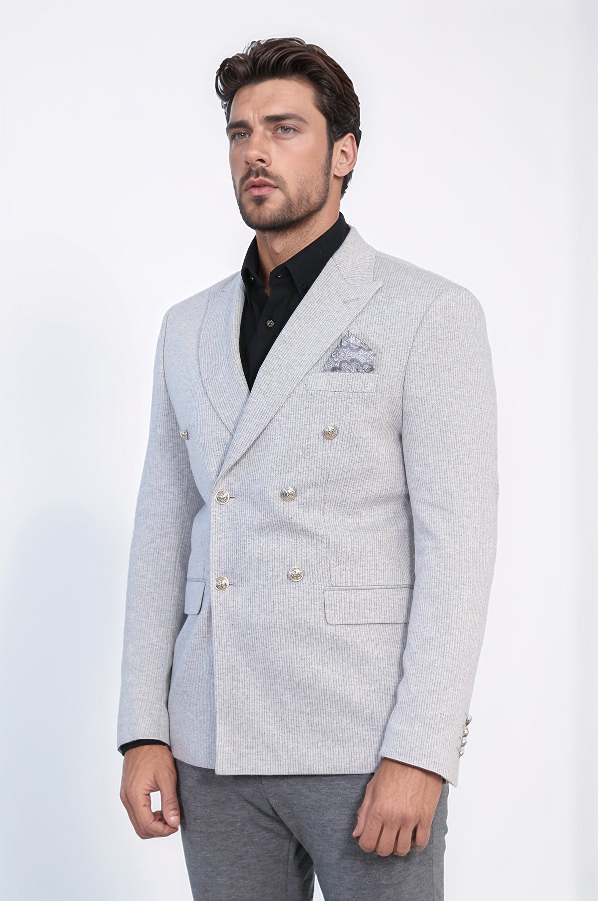 Gray Pinstriped Slim Fit Double-Breasted Blazer with Silver Metal Buttons – Wessi