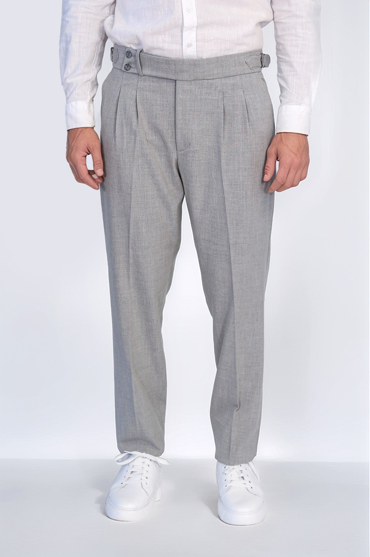 Gray Double-Pleated High-Waisted Slim Fit Trousers with Side Buckles – Wessi